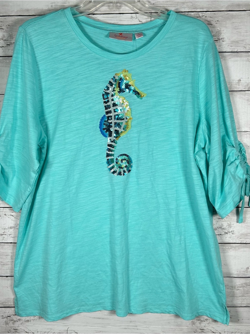 Quaker Factory Embellished Sequin Seahorse Ruched Sleeve Tunic T-shirt Top L NWT